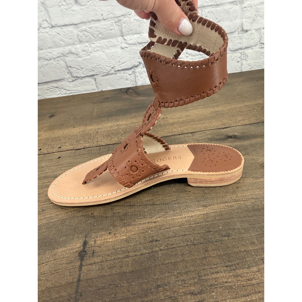 Jack Rogers Cognac Brown Leather Whipstitch Gladiator Thong Sandals Womens 7M - Picture 5 of 10